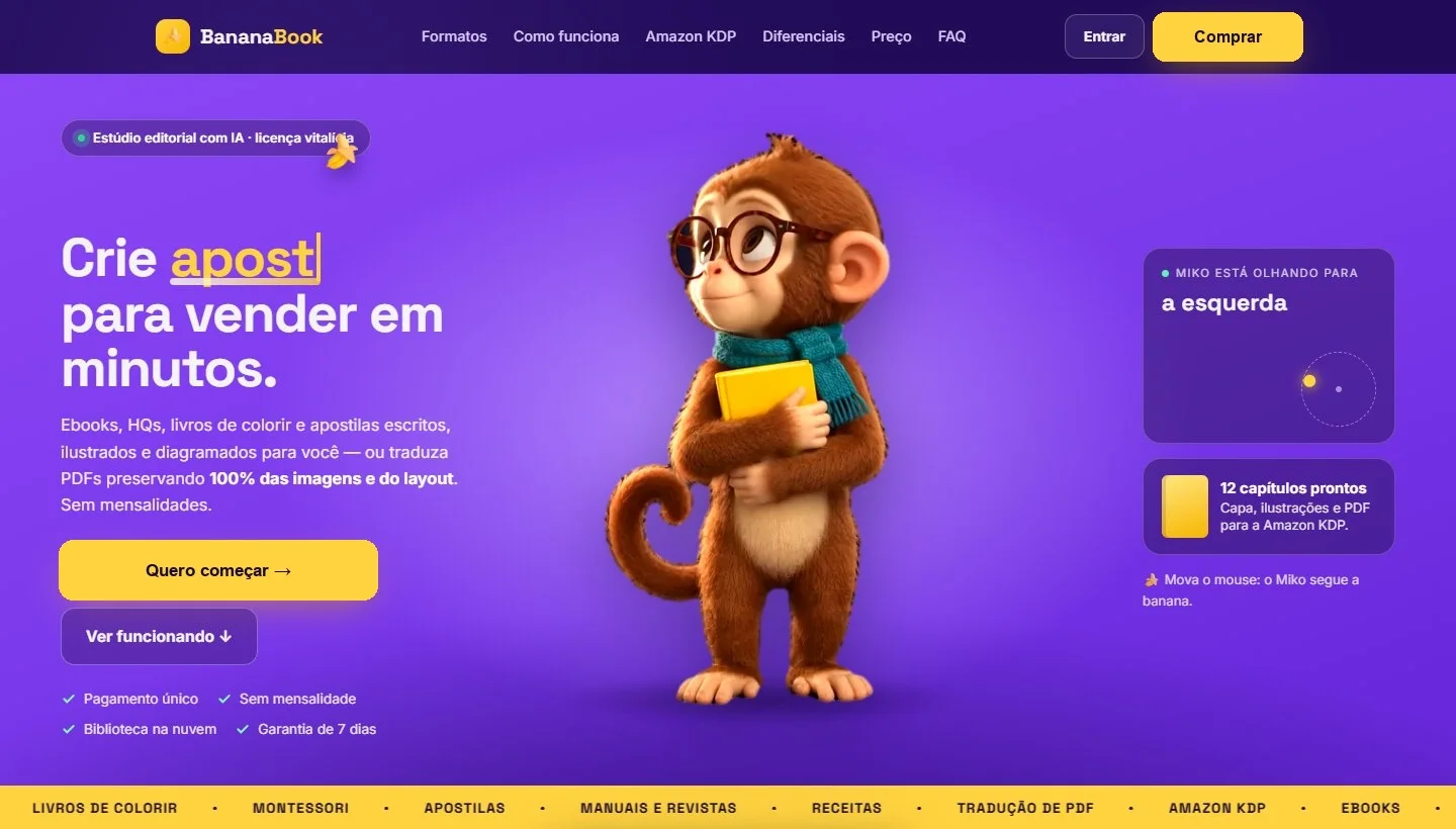 Página do BananaBook com o mascote Miko no centro