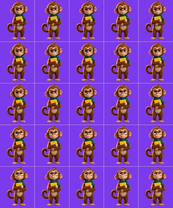 Folha com 25 quadros do mascote olhando em direções diferentes